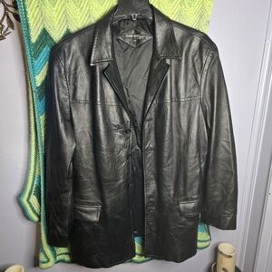 48L Albert Nipon City Men's Black Leather Jacket Cloat (Buttons Need Resewn)